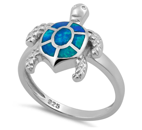 Sterling Silver Turtle Blue Lab Opal Ring